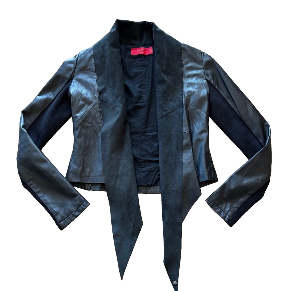Tigerlily Black Leather Suede Trim Drape Front Moto Jacket Womens Size 6‎ S
